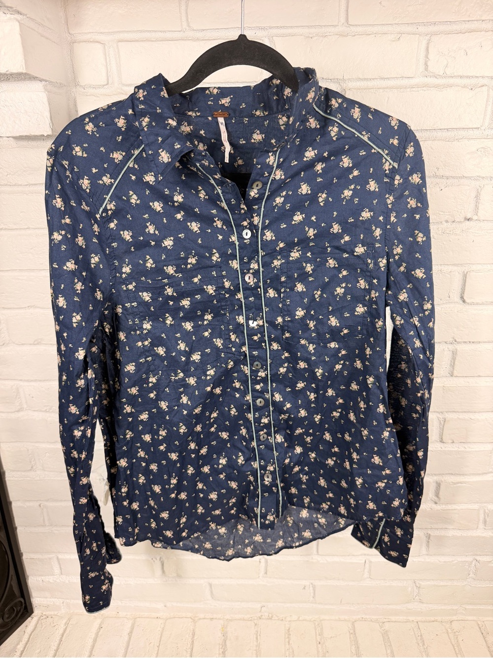 Free People Navy Floral Button Up Shirt Medium Cottagecore Boho Prairie